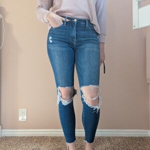 Frame Denim Dark Blue Distressed Skinny Jeans